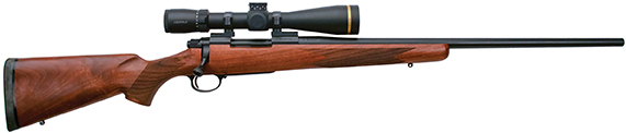 The Nosler M48 Heritage is sadly discontinued, now making this rifle not only unique but hard to find. It features beautiful grain structure and fine checkering on the walnut stock as well as a durable matte-blue finish.